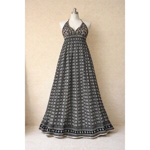 Free People Sz L Good Vibes Printed Embellished Mirror Bohemian Black Maxi Dress